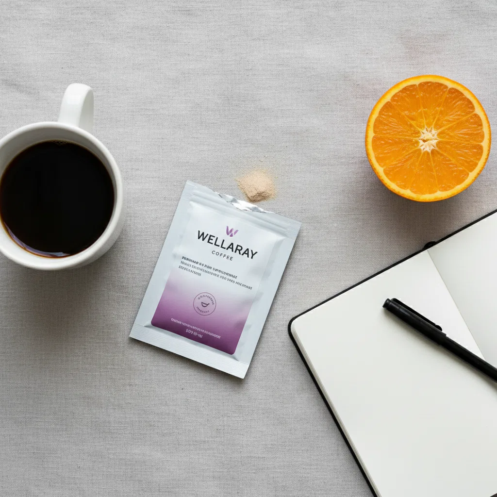 Morgenroutine Flat Lay: Kaffeesachet Wellaray Coffee, Keramiktasse und Notizbuch auf Leinenoberfläche